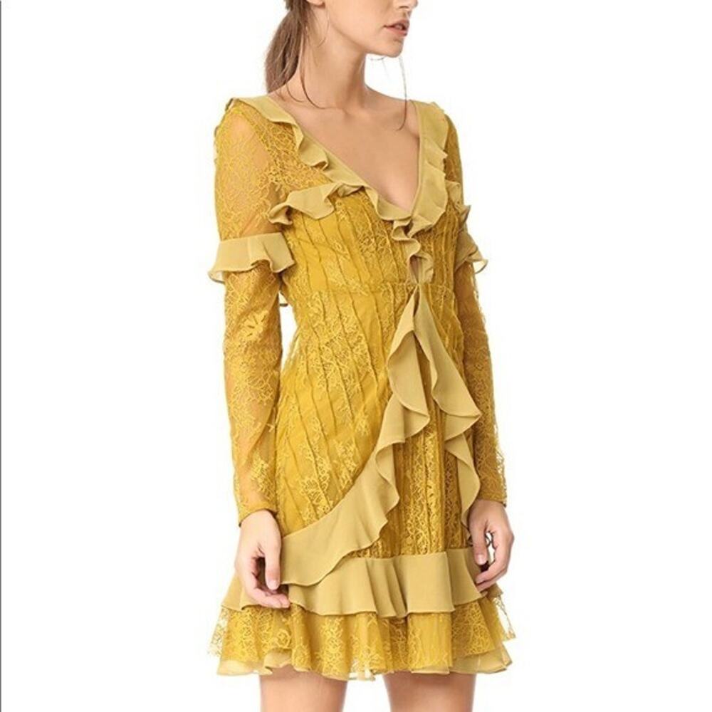 For Love & Lemons Dress Large Daphne Lace Mini Chartreuse Zip Up Lace Lined